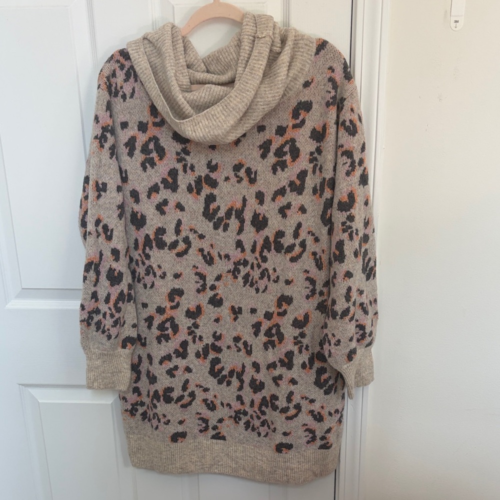 Anthropologie Beige Leopard Cowl Neck Sweater Dress